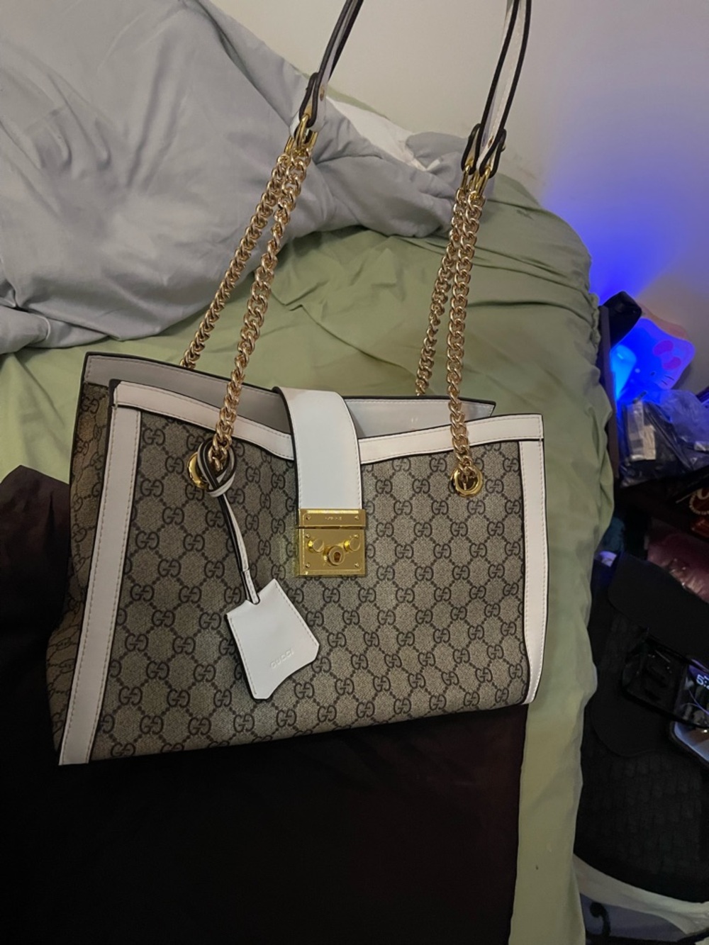 Gucci Brown Monogram Tote with White Trim and Gold Chain Hardware